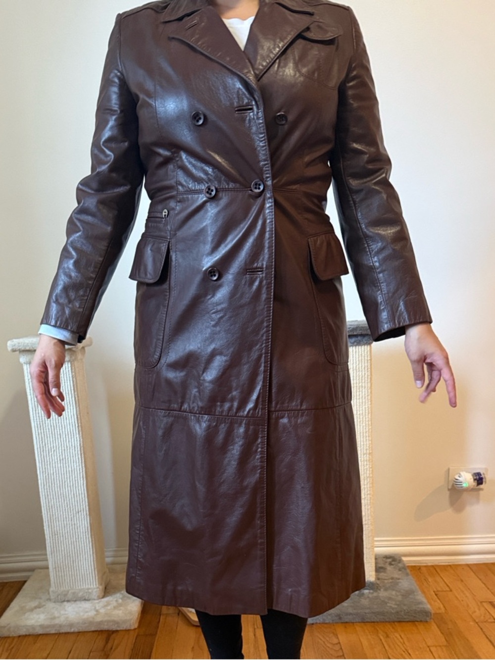 Etienne Aigner Brown Long Leather Trench Coat.